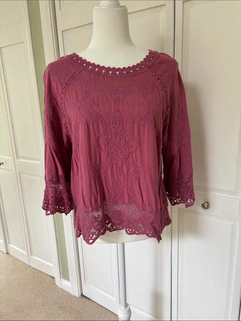 Democracy Rose Crochet-Trim Embroidered Peasant Blouse